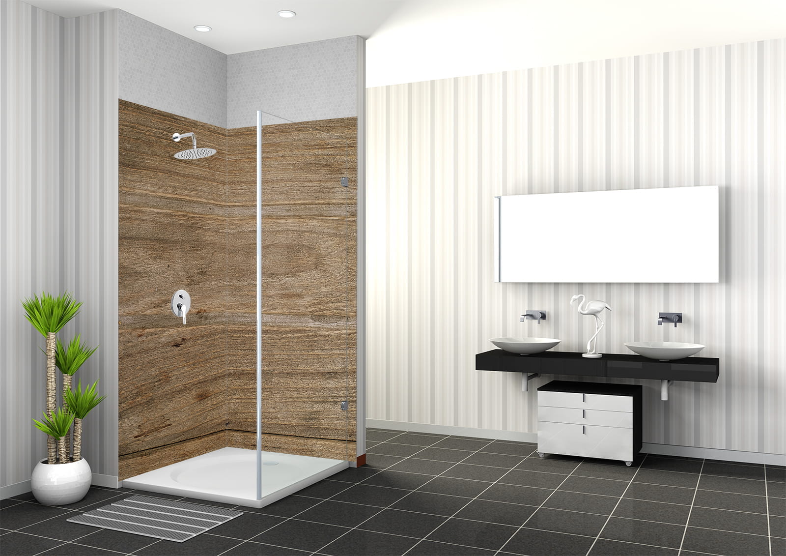 Badezimmer mit Holztextur-Wandverkleidung, Duschbereich und Doppelwaschbecken.