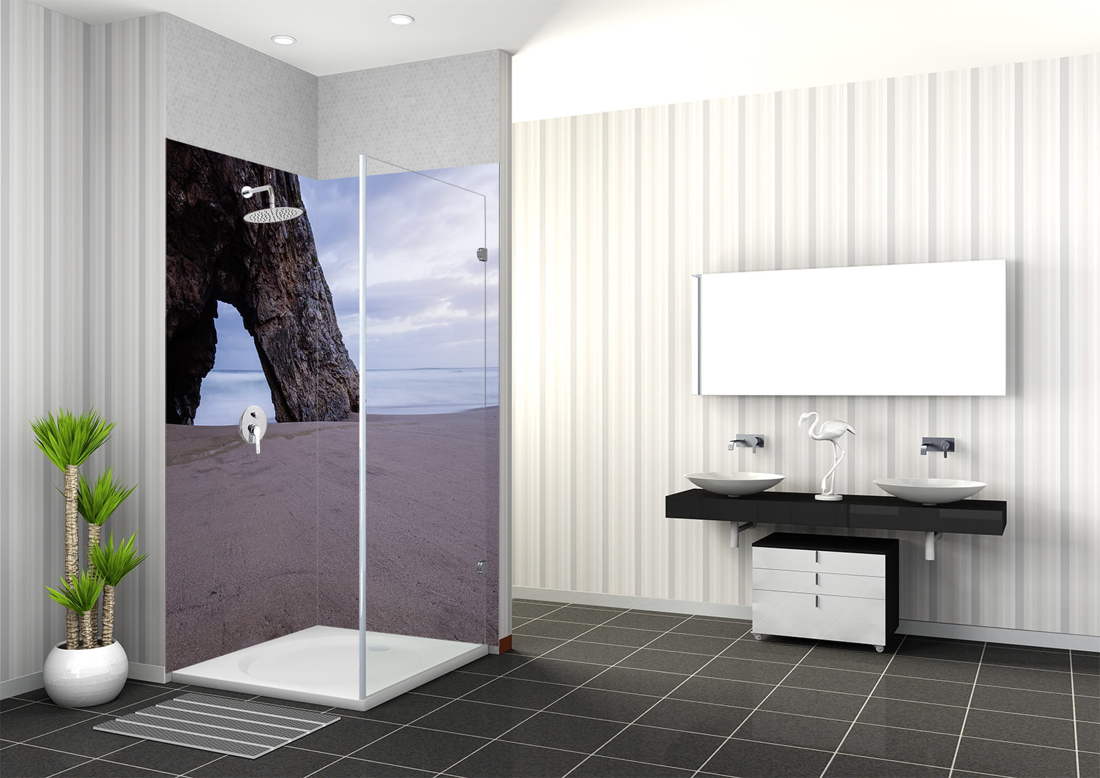 Duschabtrennung mit Motiv Strand Meer Strand Mit Felsbogen, modernes Badezimmer mit zwei Waschbecken und Pflanzen.