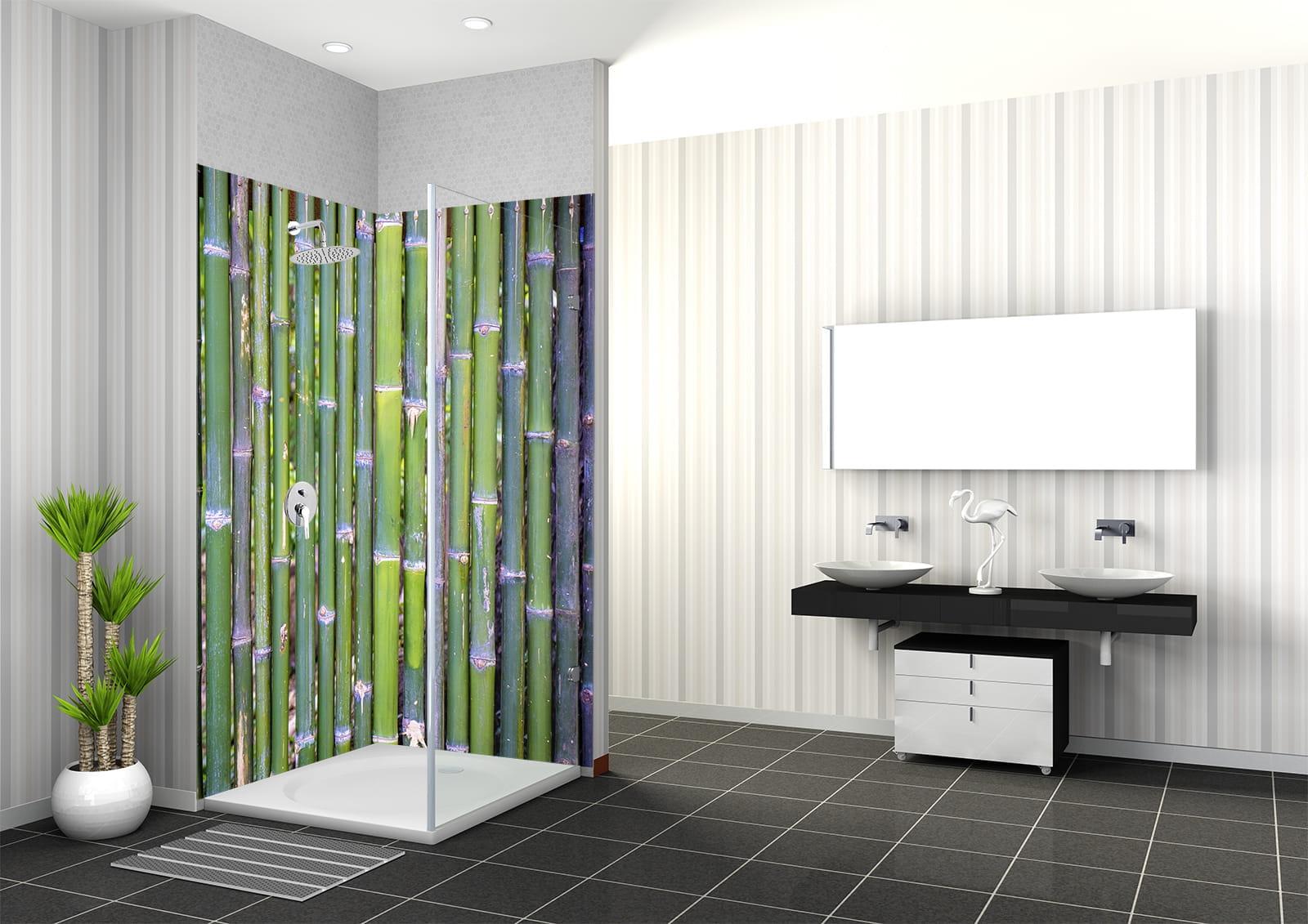 Duschbereich mit Bambusstangen-Wandverkleidung, moderner Waschbeckenanlage und Pflanzen.