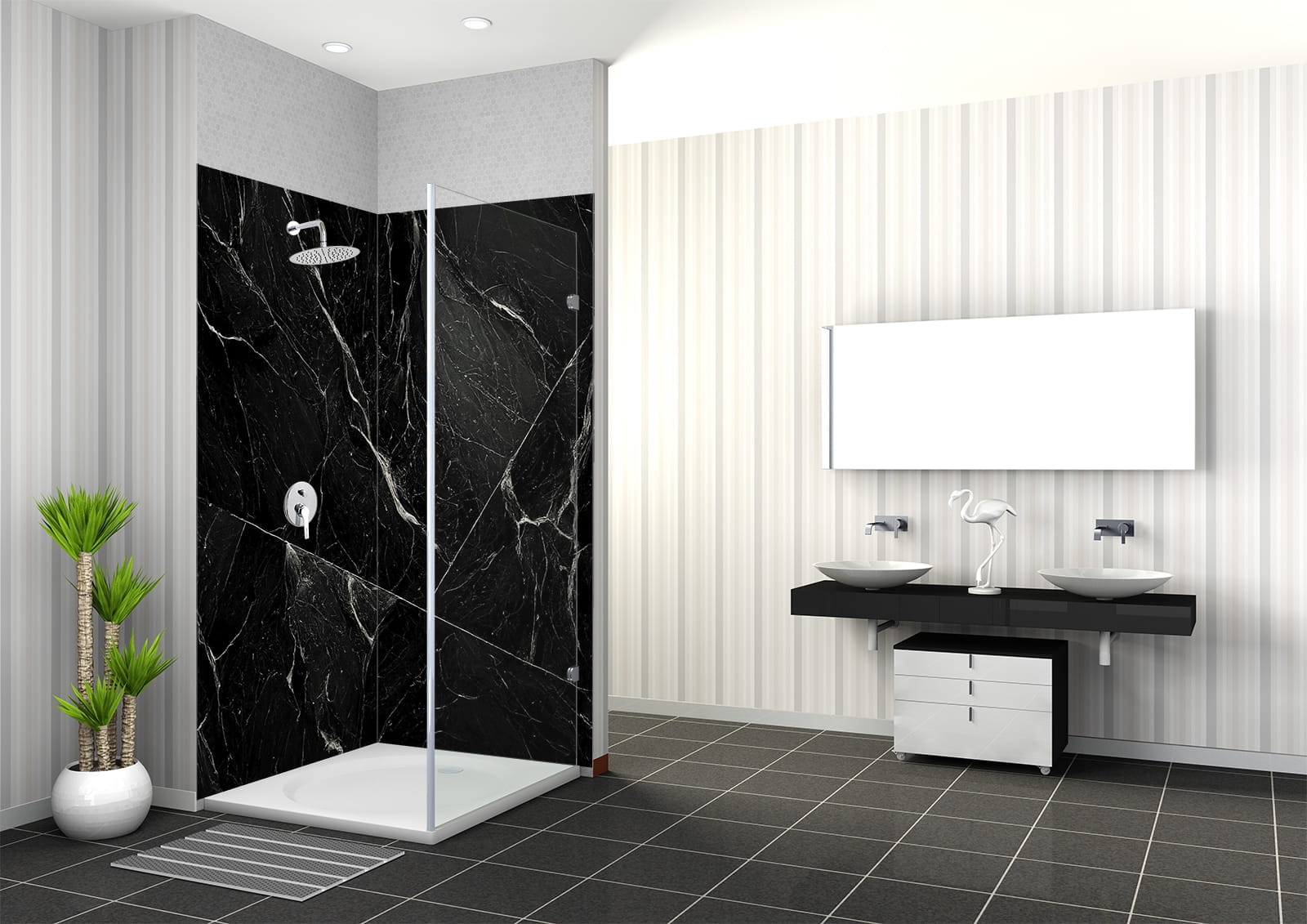 Badezimmer mit Duschbereich in schwarzem Marmor, modernen Waschbecken und minimalistischer Einrichtung.