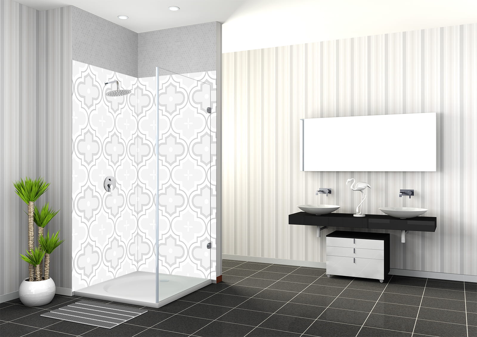 Mosaik Fliesen im marokkanischen Stil als Duschwand in einem modernen Badezimmer mit zwei Waschbecken und Pflanzen.