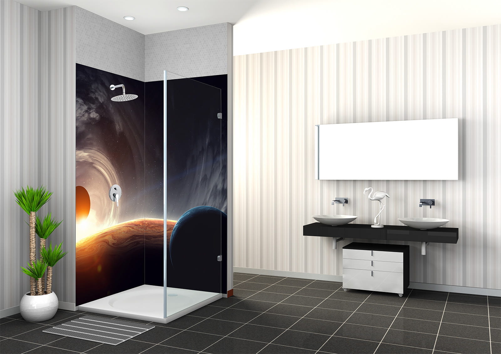 Dusche mit Universum-Motiv, zeigt Planeten und einen Sonnenaufgang, modernes Badezimmerdesign mit zwei Waschbecken.
