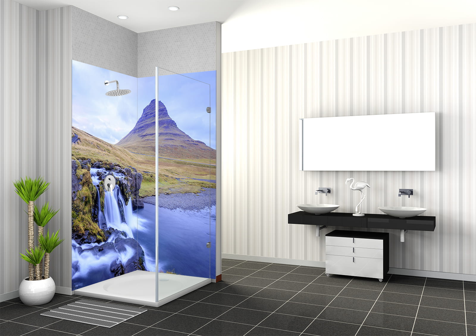 Duschbereich mit Wanddesign eines Wasserfalls und Hügeln, moderne Sanitäranlagen, zwei Waschbecken.