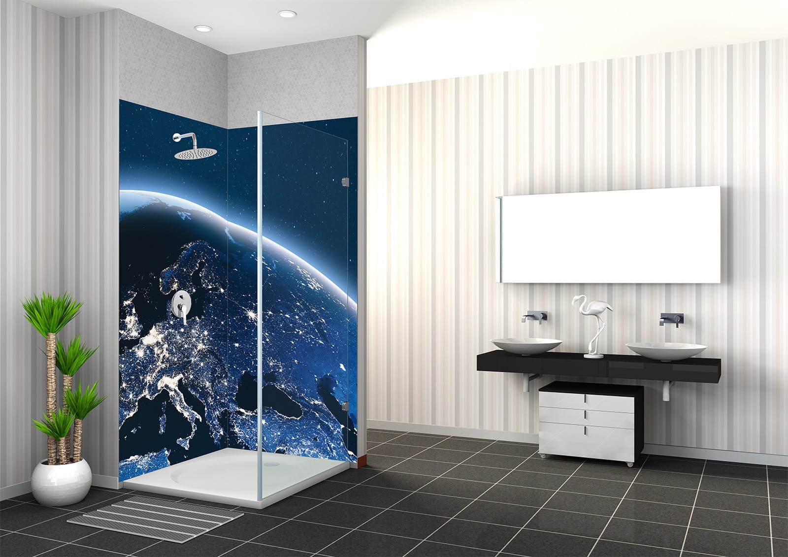 Duschbereich mit einem Wanddesign, das die Erde aus dem Weltraum zeigt, in einem modernen Badezimmer.