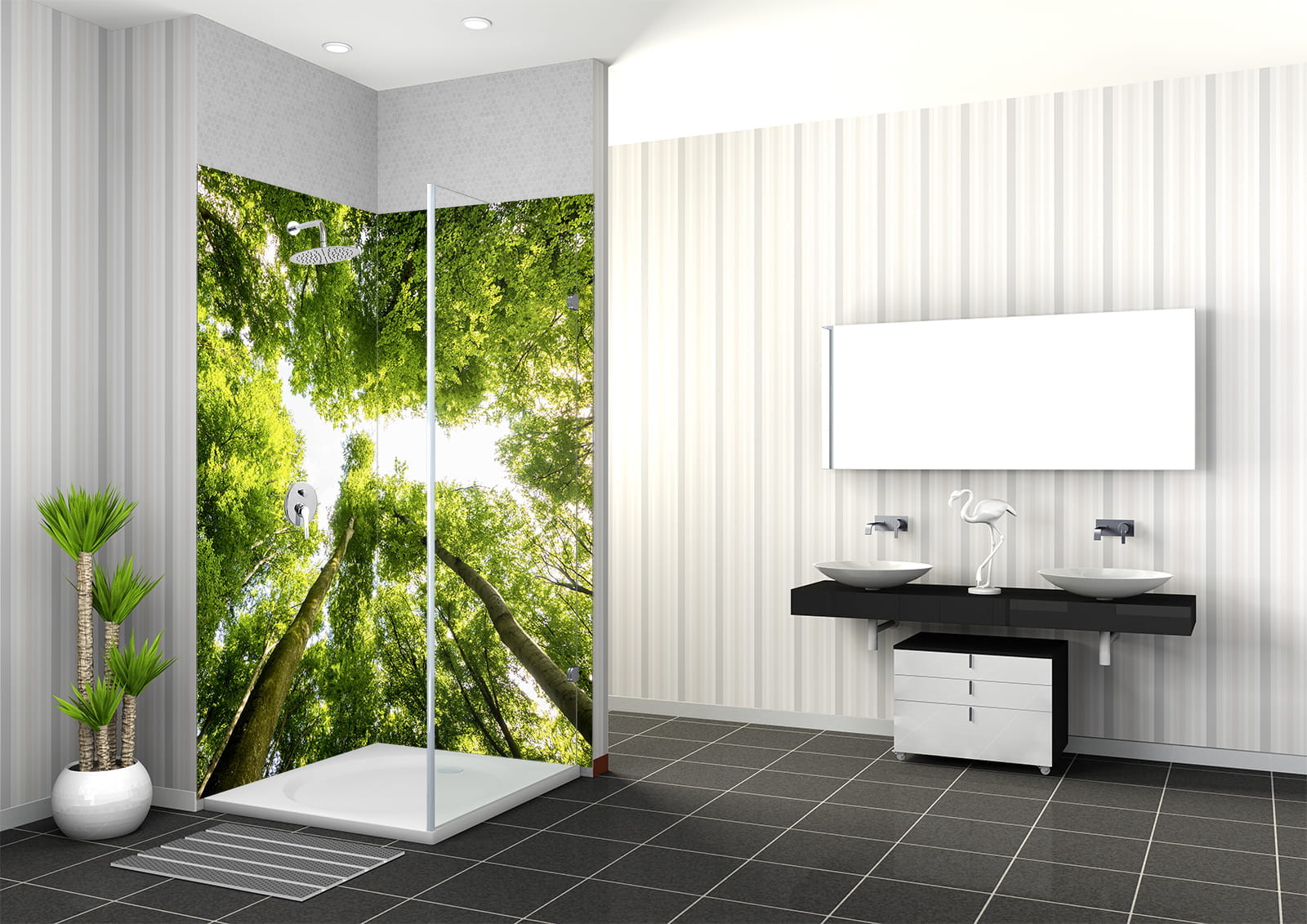 Duschbereich mit Baumkronen-Motiv als Wandgestaltung, moderne Sanitäranlagen und Pflanzen im Raum.