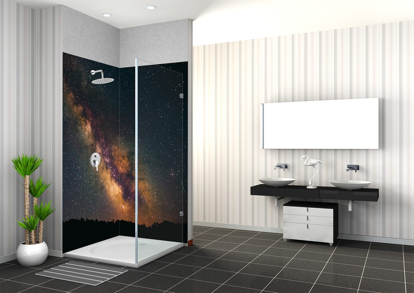 Duschkabine mit Galaxy-Motiv im Hintergrund, moderne Badezimmerausstattung mit zwei Waschbecken und Pflanzen.