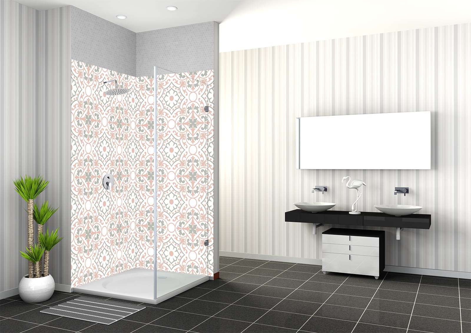 Badezimmer mit Duschbereich, dekoriert mit Mosaik Fliesen Vintage Blumen in Rosa. Moderne Waschbecken und Spiegel im Hintergrund.