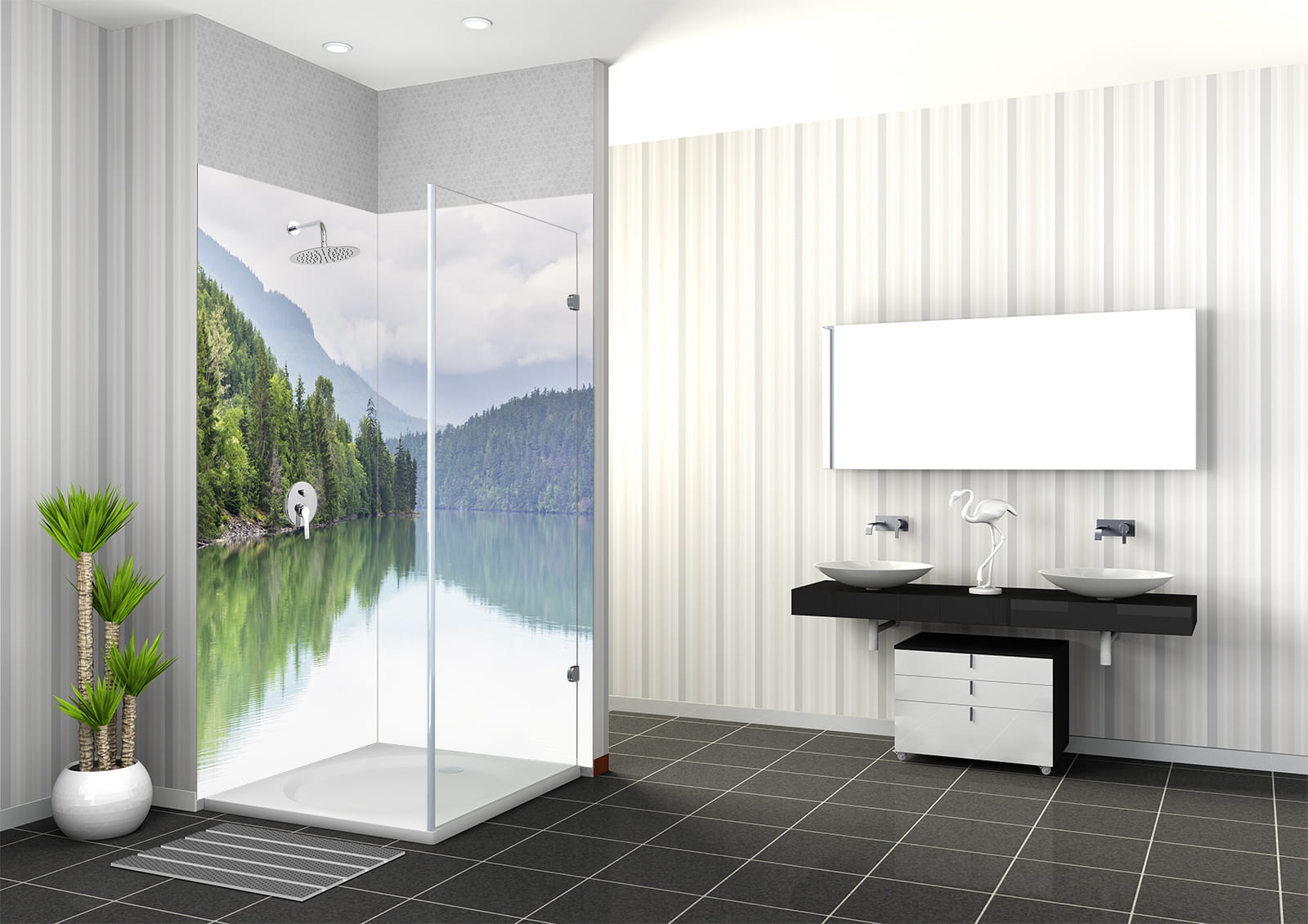 Duschbereich mit Glaswand, die eine Wald- und Seelandschaft zeigt, moderne Sanitäranlagen und Pflanzen im Raum.