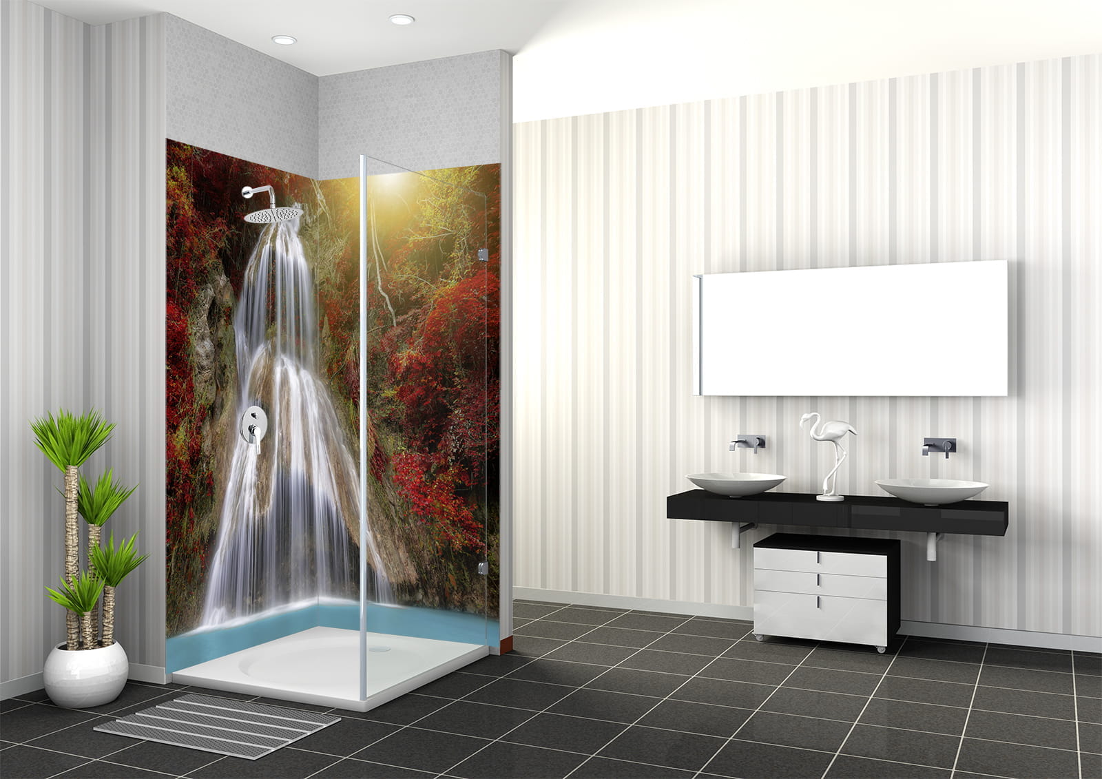 Dusche mit einem herbstlichen Wasserfall-Motiv im Hintergrund, moderne Badezimmerausstattung mit zwei Waschbecken.