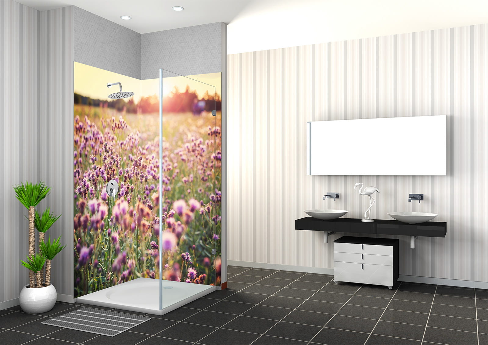 Duschbereich mit transparentem Duschabtrennung, bedruckt mit Blumenwiese, in modernem Badezimmer.