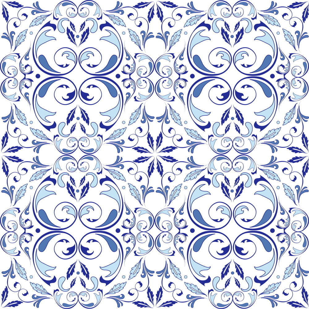 Mosaikfliesen mit einem detaillierten, blauen und weißen orientalischen Muster.