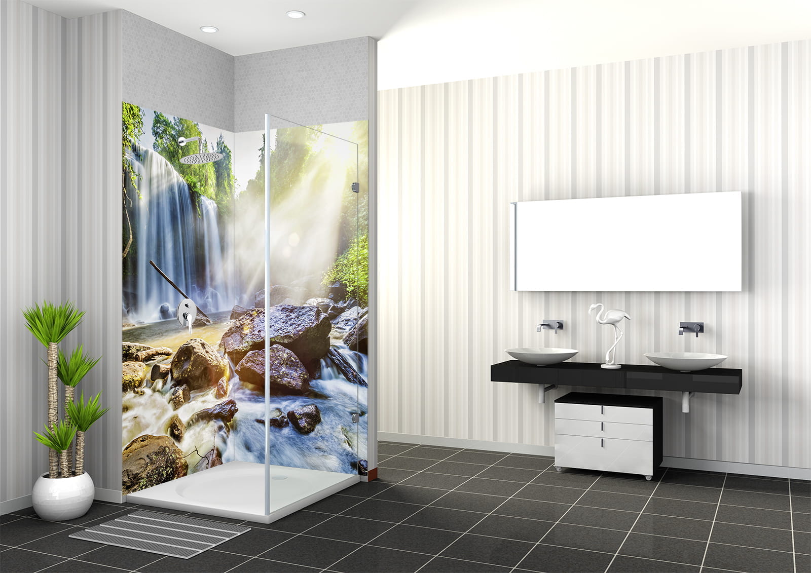 Duschbereich mit Glasabtrennung, dekoriert mit einem sonnigen Wasserfall-Motiv, moderne Badezimmerausstattung.