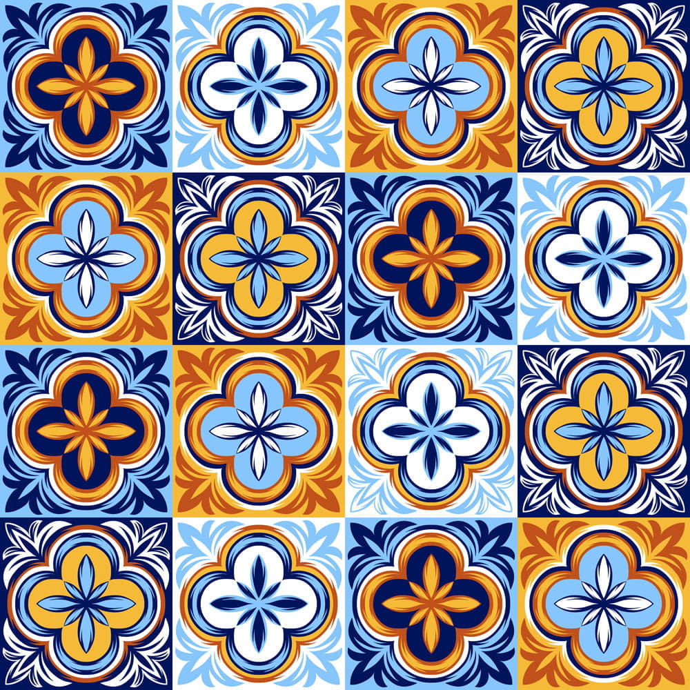 Bunte italienische Mosaikfliesen in einem floralen Muster, bestehend aus Blau-, Gelb- und Weißtönen.