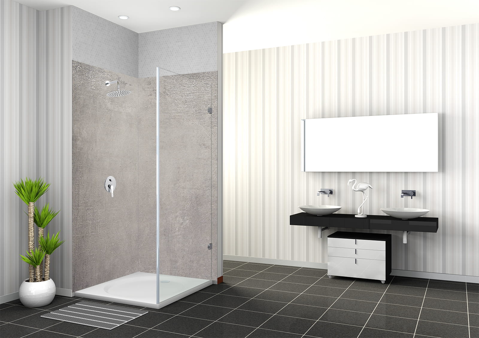 Badezimmer mit Duschbereich aus natürlichem Beton, zwei Waschbecken und modernen Armaturen.