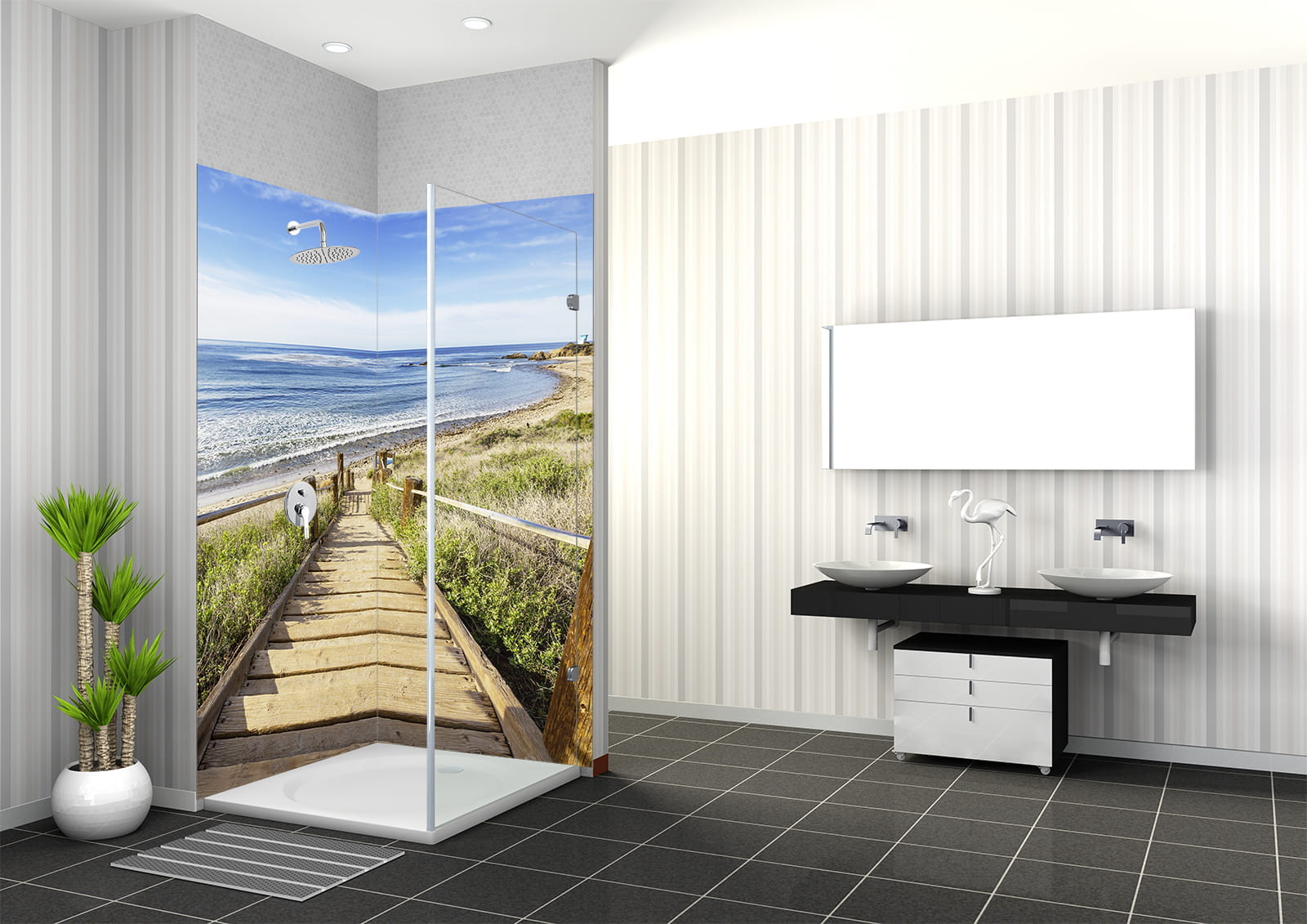 Duschbereich mit Wandbild einer Treppe zum Strand, zeigt Meer und Strandlandschaft.