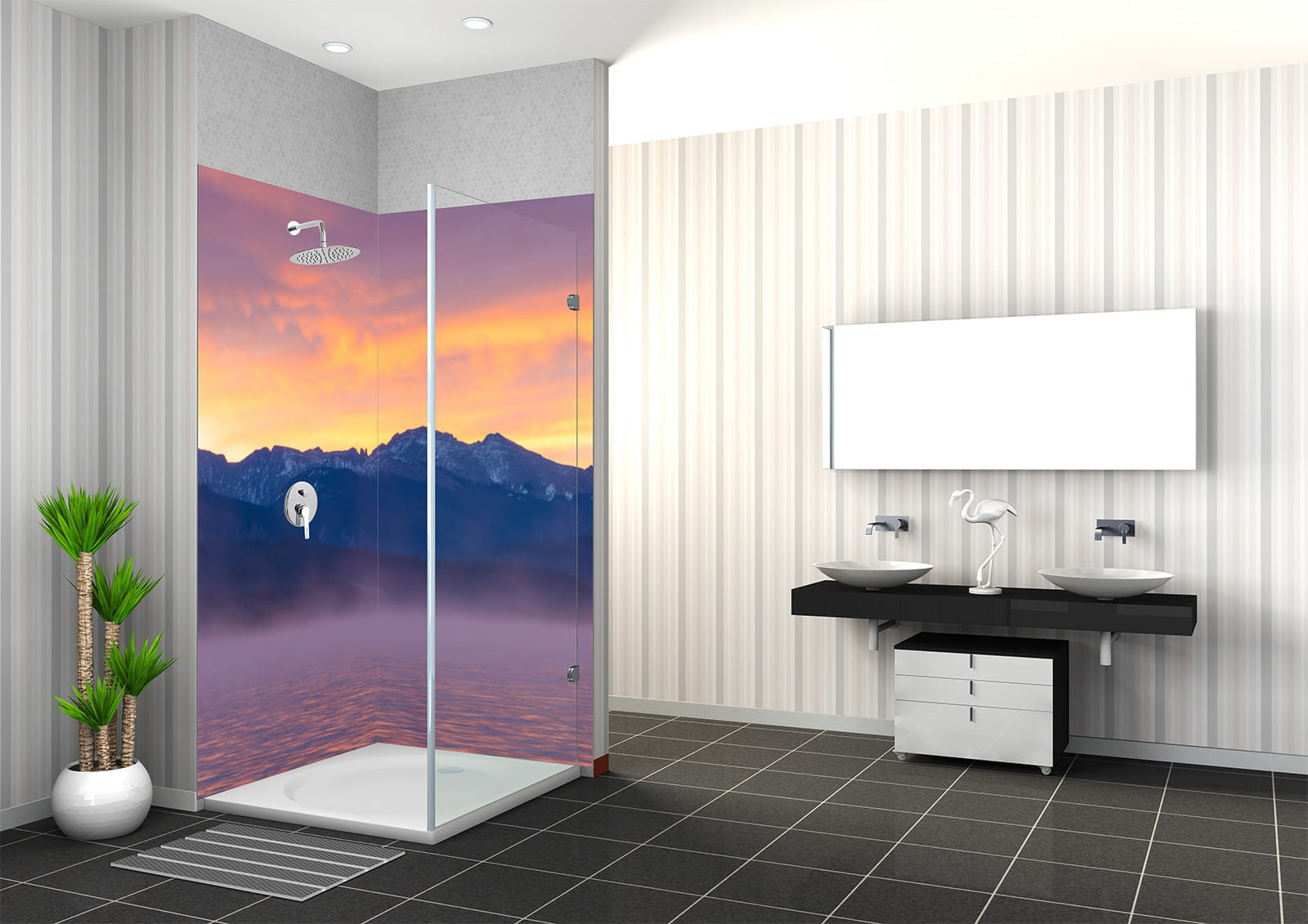 Duschbereich mit Glaswand, die eine Naturlandschaft mit See und Bergen zeigt, modernes Badezimmerdesign.