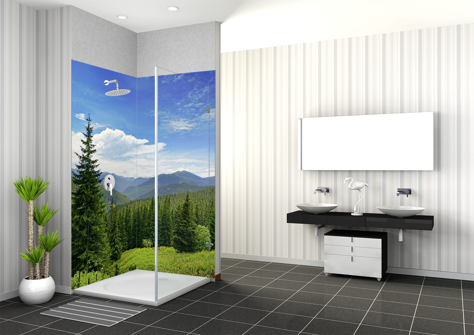 Dusche mit Wandgestaltung Grüner Wald, zeigt eine Landschaft mit Bäumen und Bergen, moderne Badezimmerausstattung.