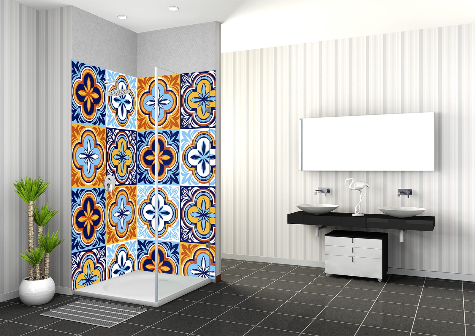 Bunte italienische Mosaikfliesen in einer Duschkabine, umgeben von modernen Badezimmermöbeln.