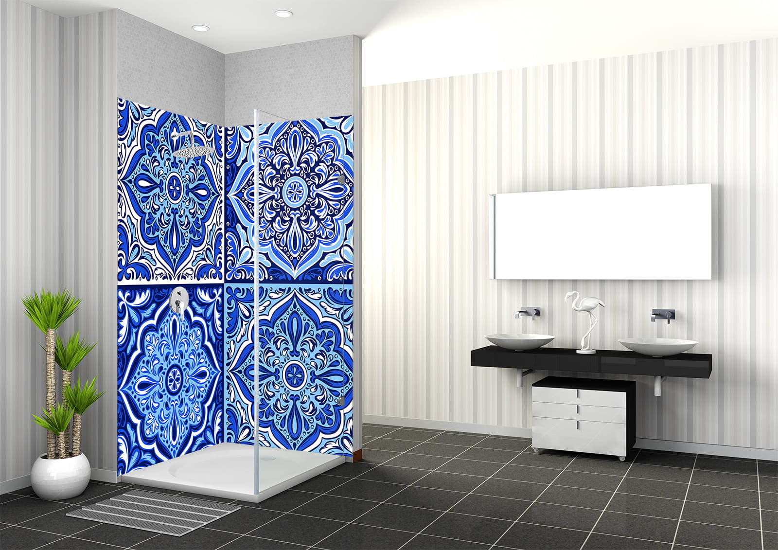 Dusche mit blauen italienischen Mosaikfliesen, moderne Badezimmerausstattung mit Doppelwaschbecken und Pflanzen.