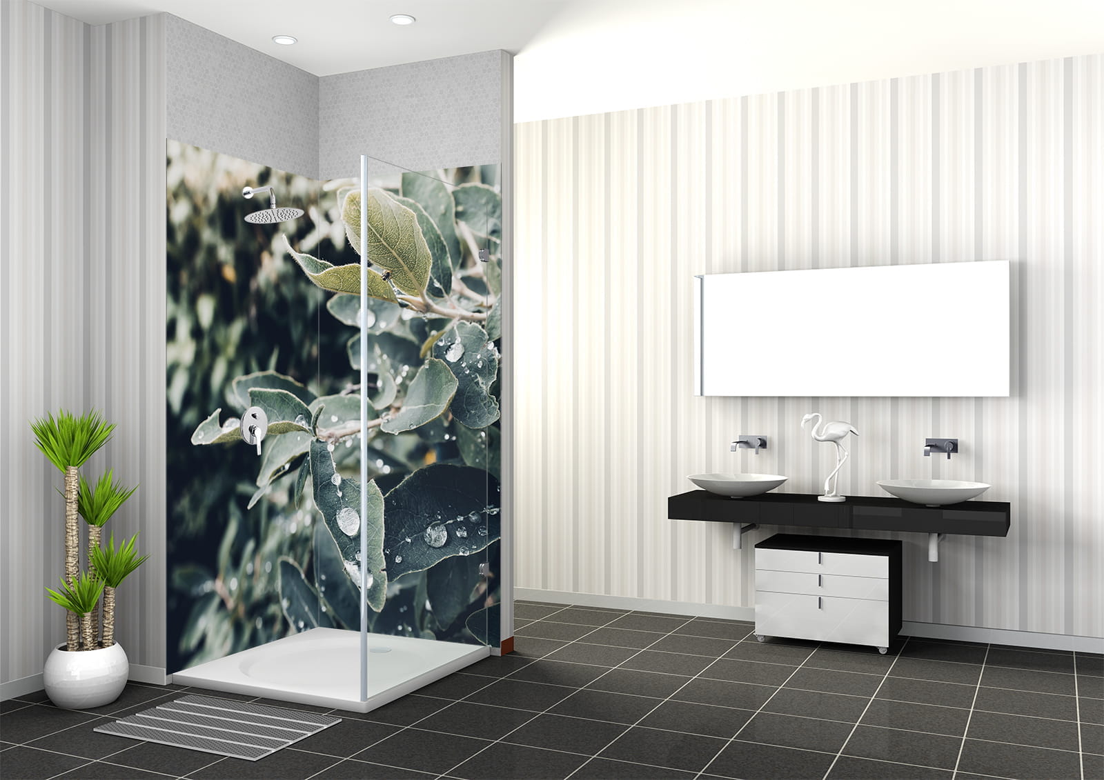 Duschbereich mit einer Glaswand, die Blätter mit Wassertropfen zeigt, moderne Badezimmerausstattung mit zwei Waschbecken.