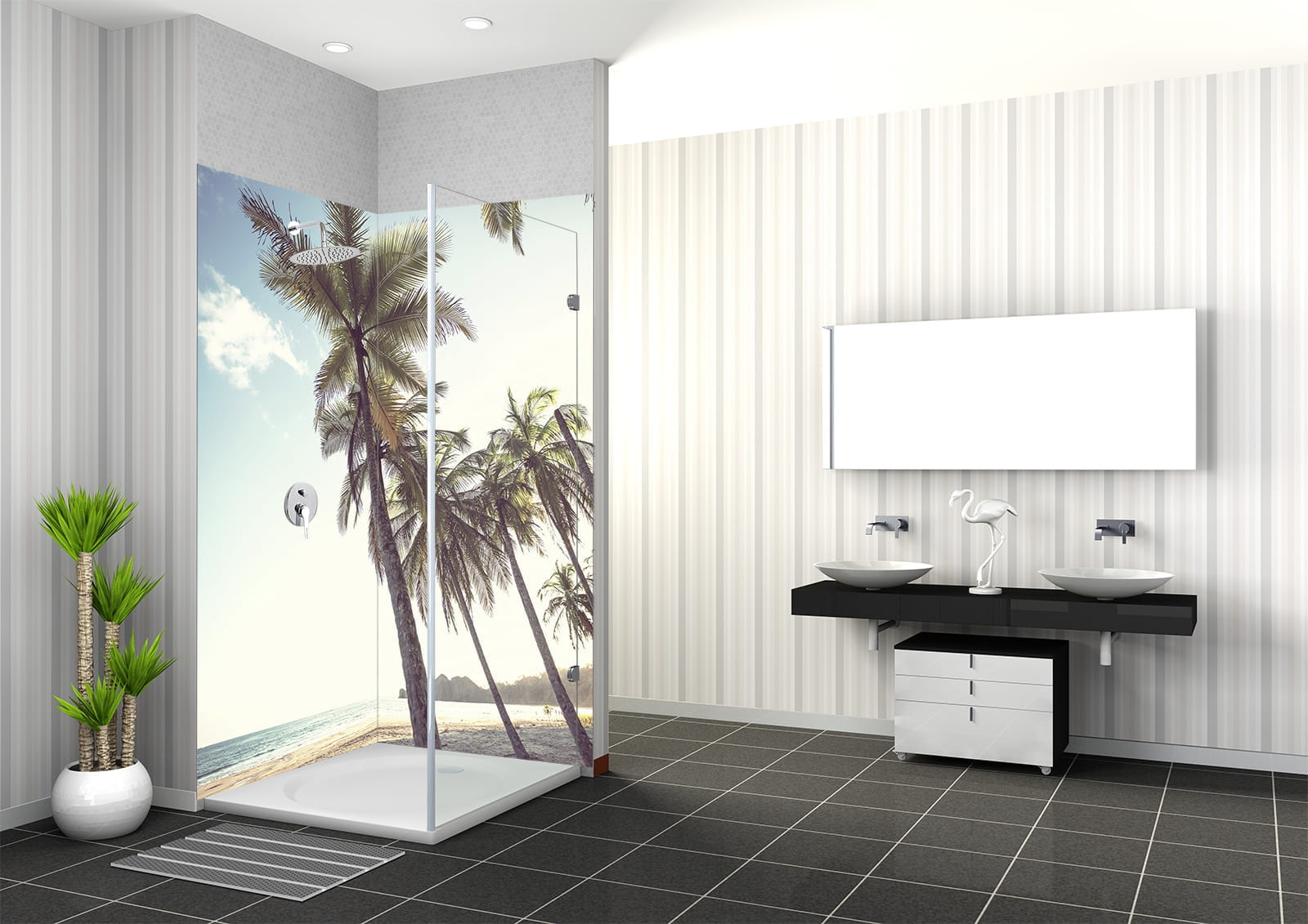 Duschkabine mit Motiv von Strand und Palmen, moderne Badezimmerausstattung mit zwei Waschbecken und schwarzem Unterschrank.