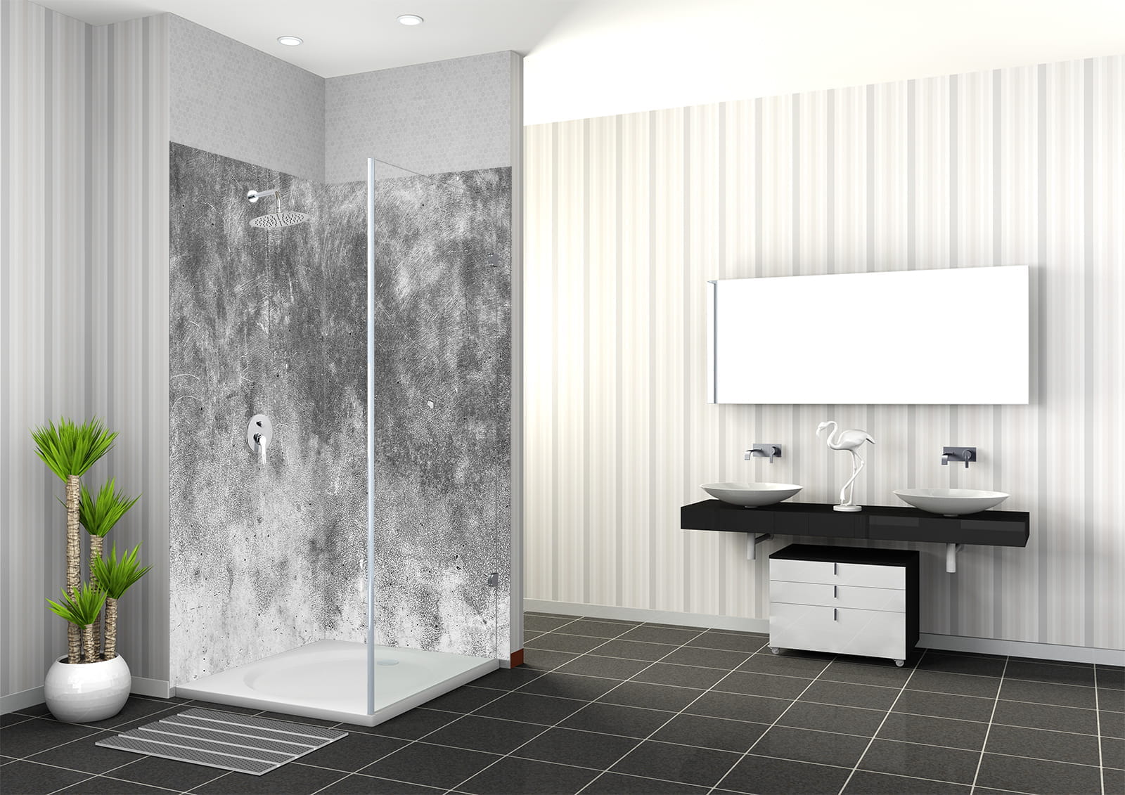 Dusche mit Industrie-Beton-Textur in modernem Badezimmer, schwarze Fliesen, Doppelwaschtisch und große Wandspiegel.