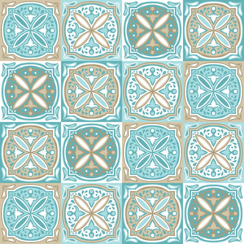 Mosaikfliesen mit grünem Muster in quadratischer Anordnung, kombiniert mit beige und hellblauen Akzenten.