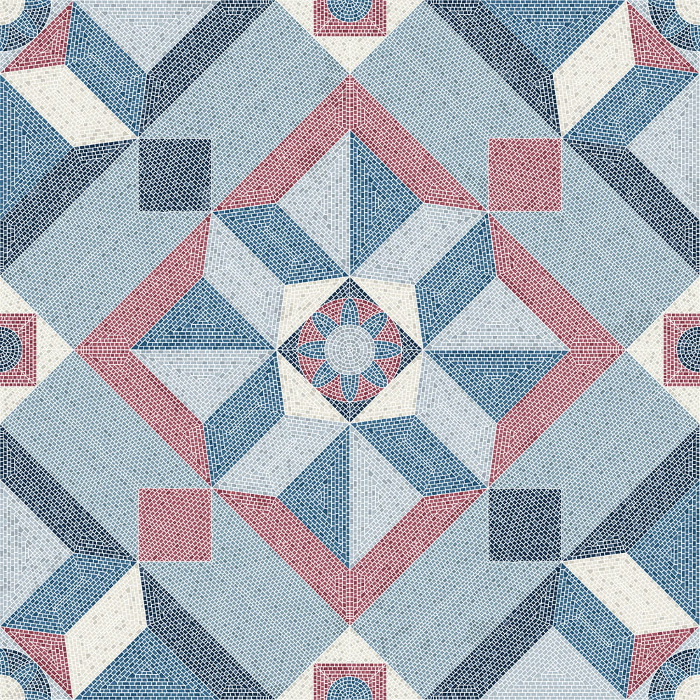 Viktorianisches Mosaik mit geometrischen Mustern in Blau, Rot und Beige.